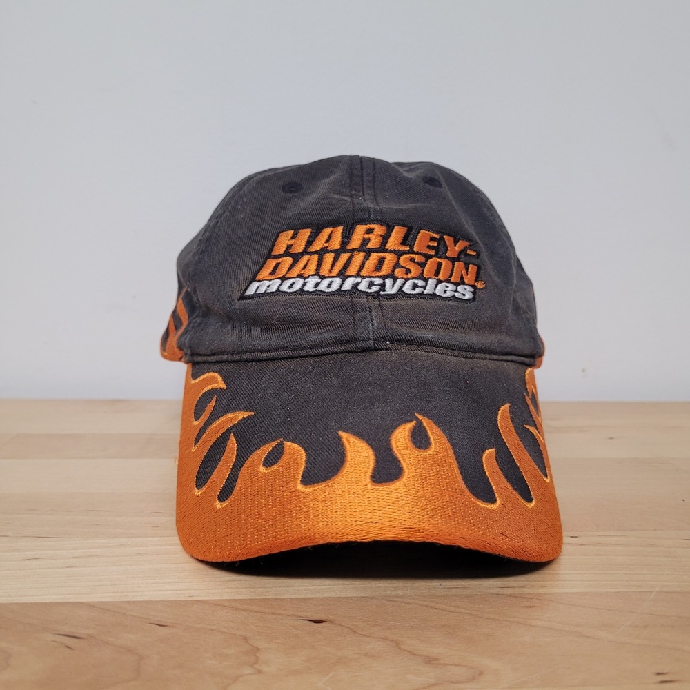 Harley Davidson Baseball Cap Mens OSFA Black Orange Flame Embroidered Hat